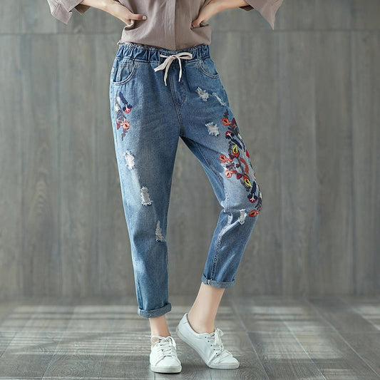 Bestickte Zerrissene Cropped Jeans | Ideal für Frühling und Sommer