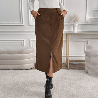Cordhosen Hohe Taille Mid-Length Rock mit Seitenschlitz | Ideal für Herbst und Winter