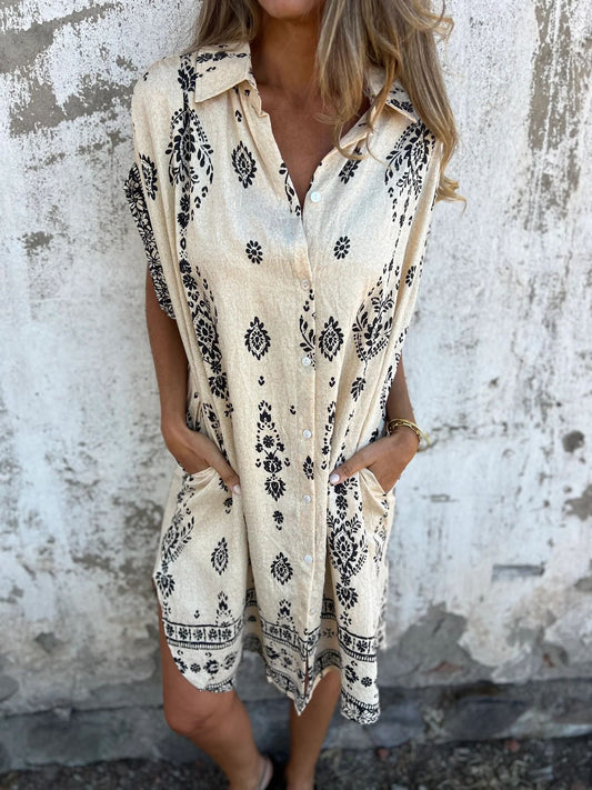 Bedrucktes Baumwoll-Leinen Kleid mit Kurzen Ärmeln und Taschen in Midilänge | Ideal für Frühling und Sommer