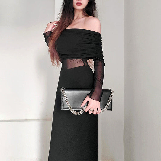 Off-Shoulder Plissiertes Langarm Maxikleid Ideal für Winter