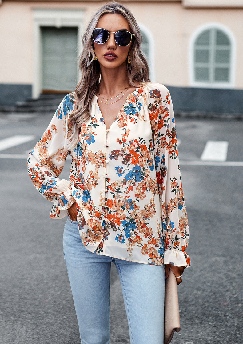 Bluse aus Chiffon mit Floralprint und V-Ausschnitt