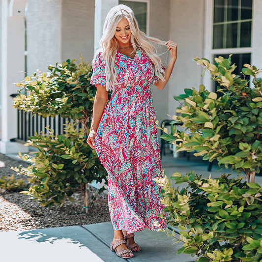 Floral Print V Neck Lang Swing Kleid mit Kurzen Ärmeln | Ideal für Sommer