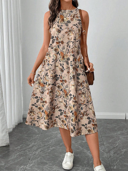 Rundhals ärmelloses Midi-Kleid mit Flared Saum und Blumenmuster | Ideal für Frühling und Sommer