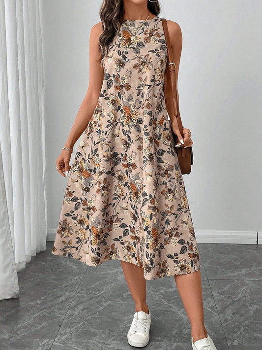 Rundhals ärmelloses Midi-Kleid mit Flared Saum und Blumenmuster | Ideal für Frühling und Sommer