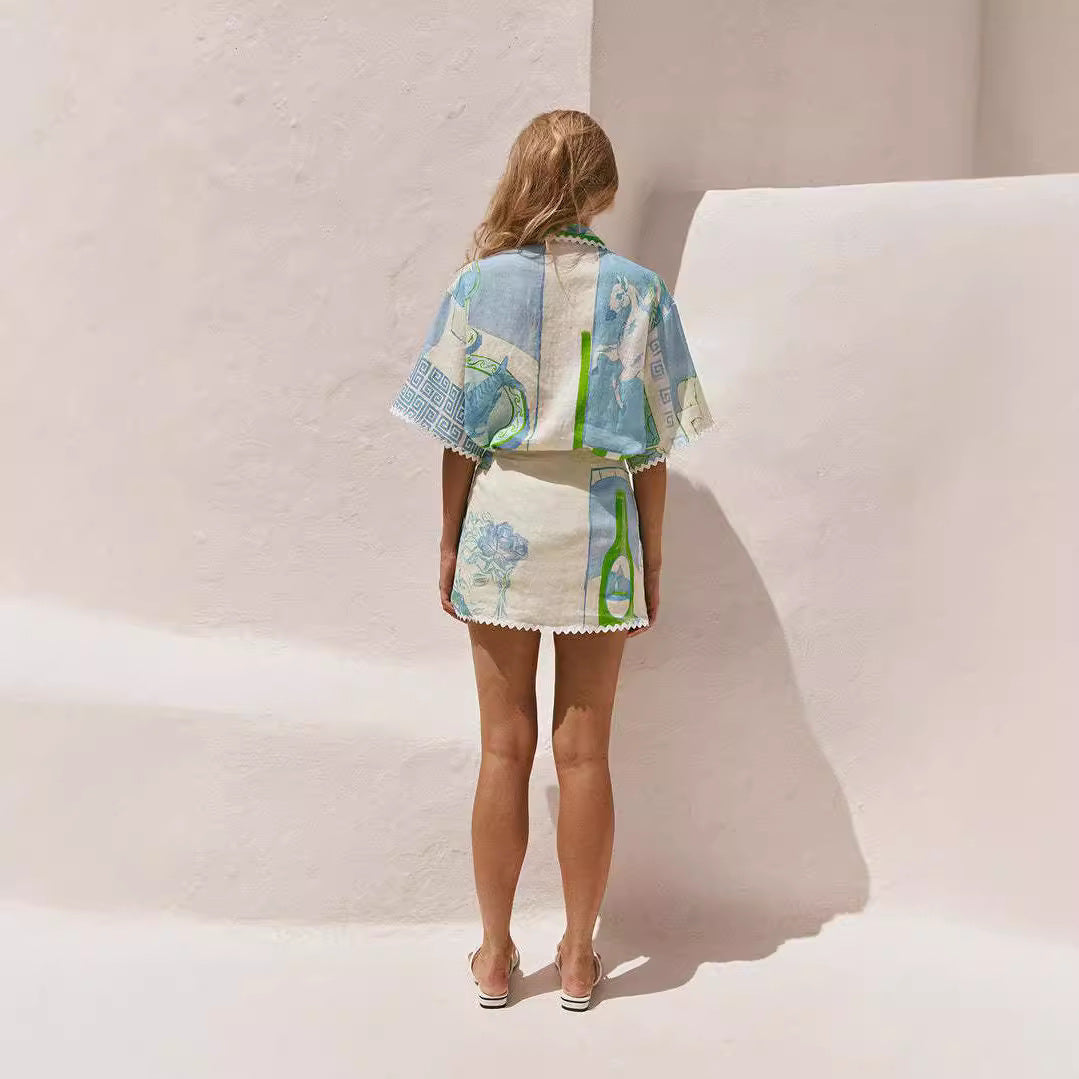 Spitzen-Druck Baumwoll-Leinen Zweiteiliges Set | Ideal für Frühling und Sommer