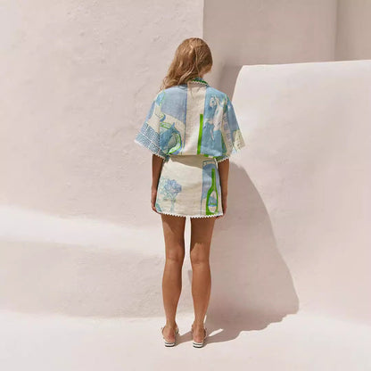 Spitzen-Druck Baumwoll-Leinen Zweiteiliges Set | Ideal für Frühling und Sommer
