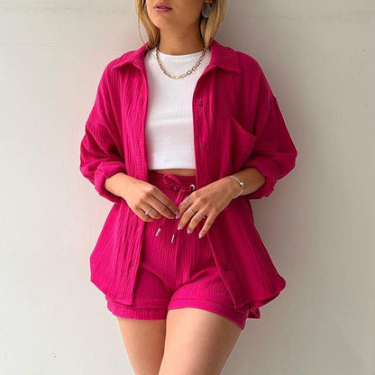 Langarm Hemd mit Reverskragen und Hohe Taille Kordelzug Shorts Set aus Baumwollmischung | Ideal für Frühling und Sommer