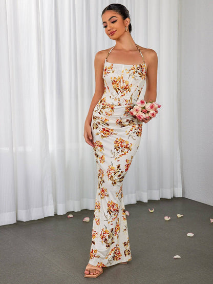 Blumenkleid mit Halterneck, Korsett-Design und Raffung im Bodycon-Stil | Ideal für den Sommer