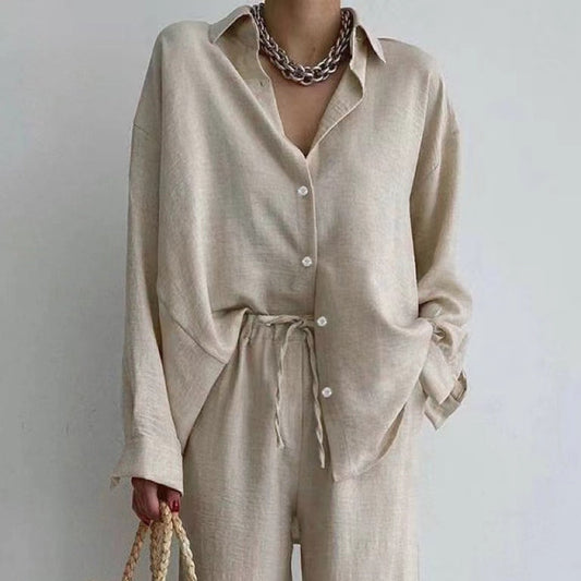 Damen Bluse und Weite Hosen Set mit Verstellbarem Bund Ideal für Frühling und Sommer