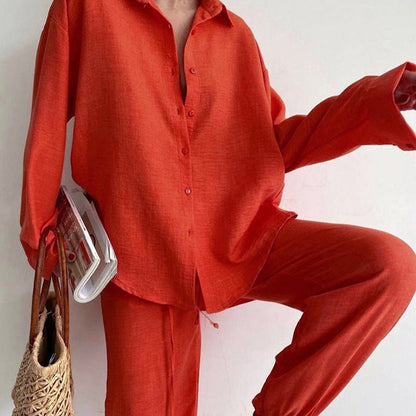 Damen Bluse und Weite Hosen Set mit Verstellbarem Bund Ideal für Frühling und Sommer