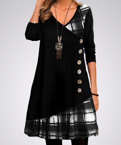 Langarm Vintage-Midi-Kleid mit V-Ausschnitt | Ideal für Frühling und Herbst