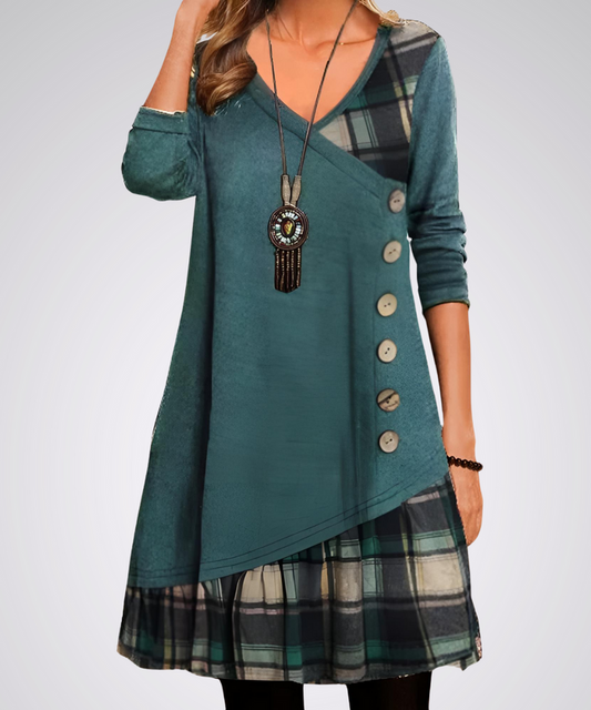 Langarm Vintage-Midi-Kleid mit V-Ausschnitt | Ideal für Frühling und Herbst
