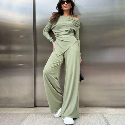 Hochtailliertes Off-Neck Irreguläres Slim-Fit Top und Hose Set | Ideal für Alle Jahreszeiten