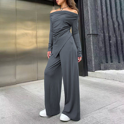 Hochtailliertes Off-Neck Irreguläres Slim-Fit Top und Hose Set | Ideal für Alle Jahreszeiten