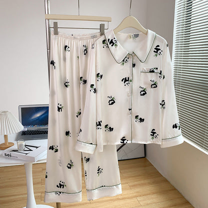 Gedrucktes Ice-Silk-Pyjama-Set für Damen mit Langarm-Lapel-Cardigan | Ideal für den Sommer