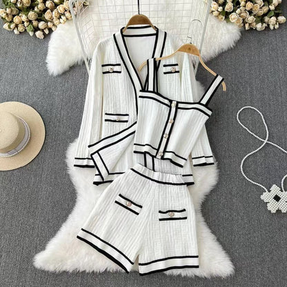 Kontrastfarbe V-Ausschnitt Strickjacke Drei-Teiliges Set | Ideal für Frühling