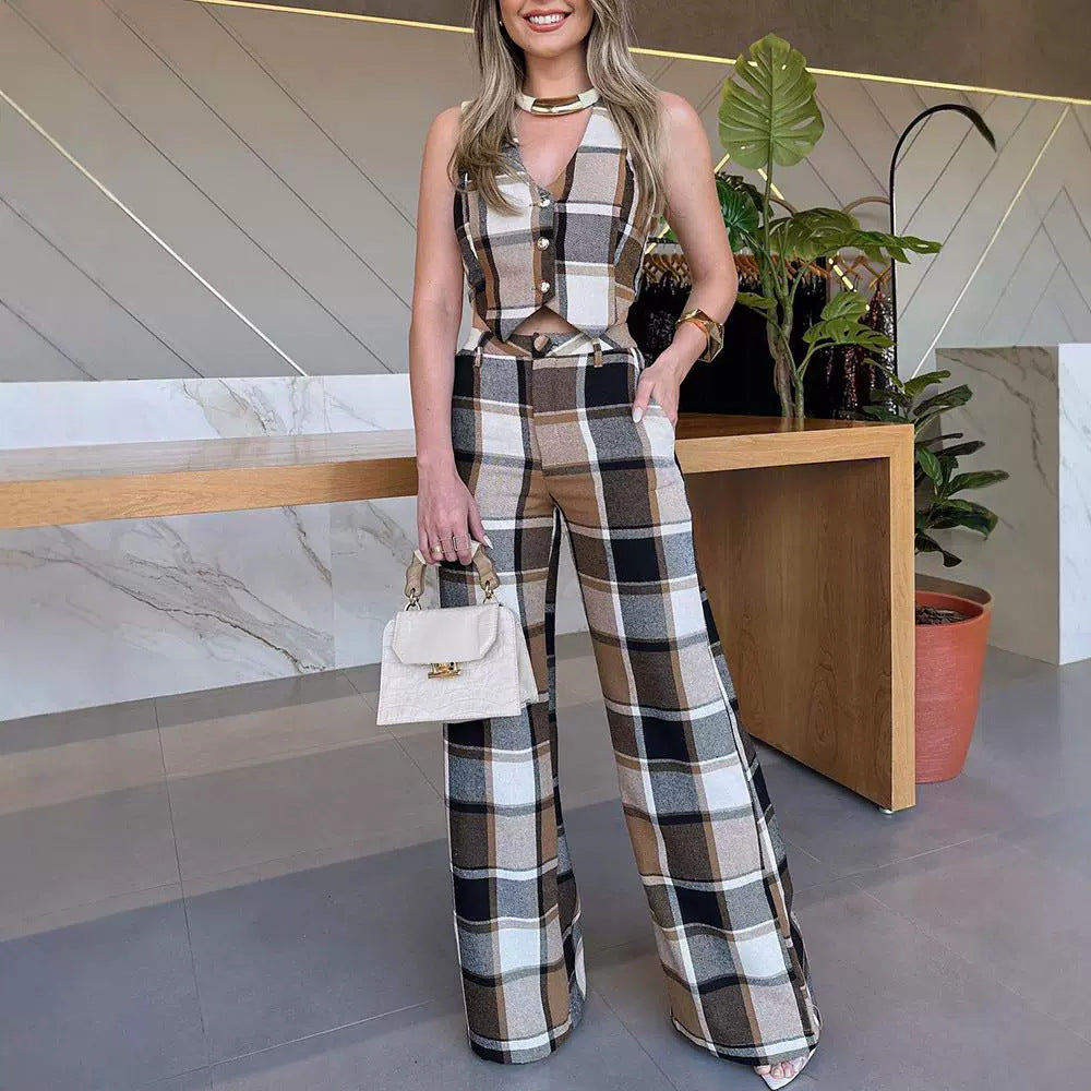 Karo Ärmeloses Weste und Gerade-Schnitt Hosen Set | Ideal für Herbst und Frühling