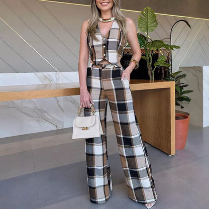 Karo Ärmeloses Weste und Gerade-Schnitt Hosen Set | Ideal für Herbst und Frühling