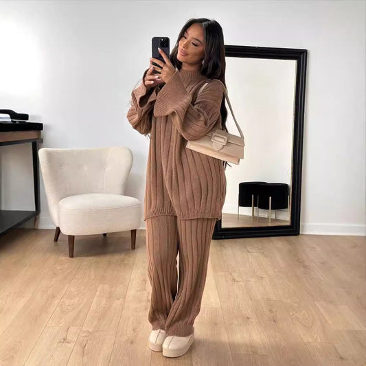 Einfarbiger Rundhals-Langarm-Pullover und Hosen Set | Ideal für Frühling und Herbst