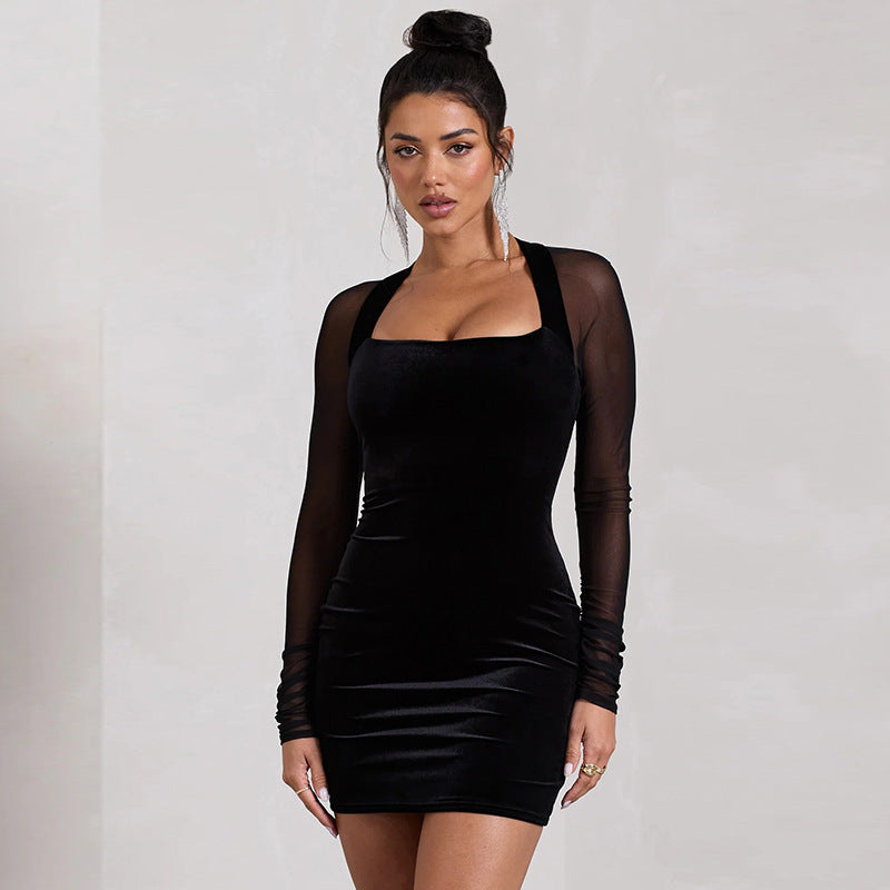 Langärmliges Kleid mit Mesh-Einsätzen und Hohldetails in Schwarz mit Hoher Taille | Ideal für Frühling und Herbst