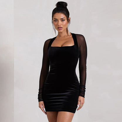 Langärmliges Kleid mit Mesh-Einsätzen und Hohldetails in Schwarz mit Hoher Taille | Ideal für Frühling und Herbst