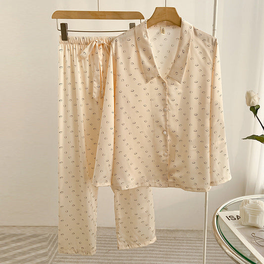 Gedrucktes Ice-Silk-Pyjama-Set für Damen mit Langarm-Lapel-Cardigan | Ideal für den Sommer