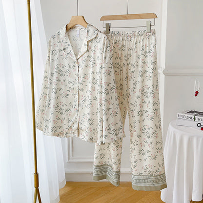Gedrucktes Ice-Silk-Pyjama-Set für Damen mit Langarm-Lapel-Cardigan | Ideal für den Sommer