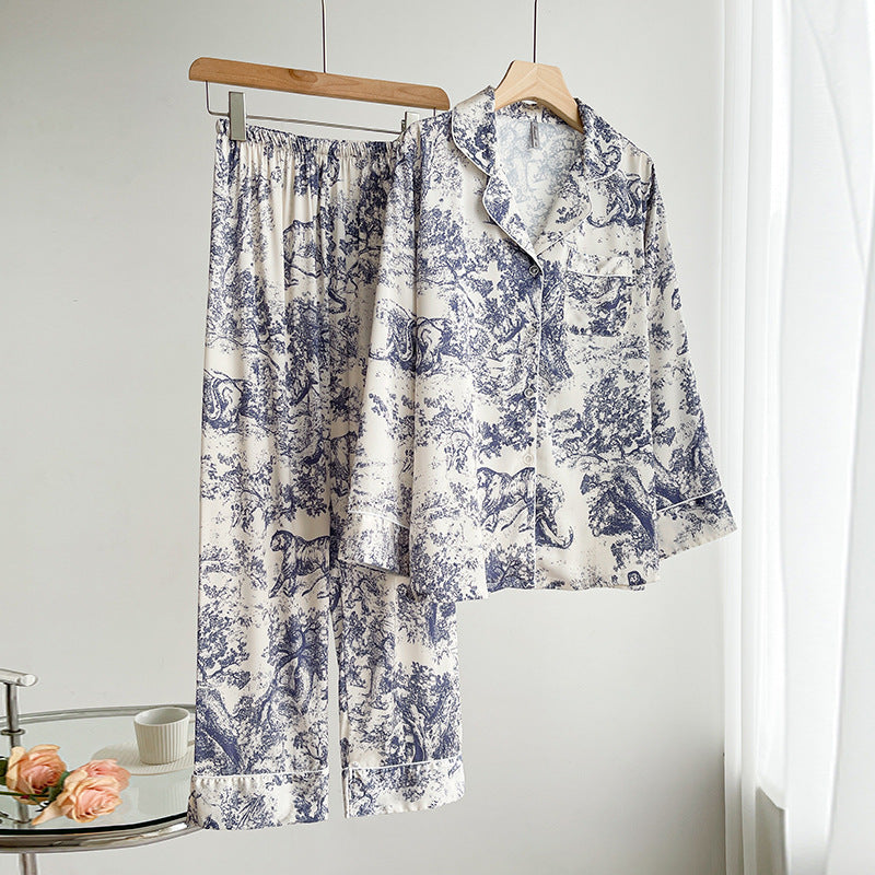 Gedrucktes Ice-Silk-Pyjama-Set für Damen mit Langarm-Lapel-Cardigan | Ideal für den Sommer