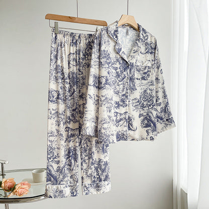 Gedrucktes Ice-Silk-Pyjama-Set für Damen mit Langarm-Lapel-Cardigan | Ideal für den Sommer