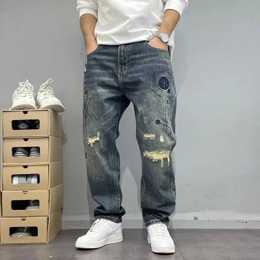 Herren Jeans mit Lockerem Geradem Schnitt und Rissen im Patchwork-Stil I Ideal für Frühling und Herbst