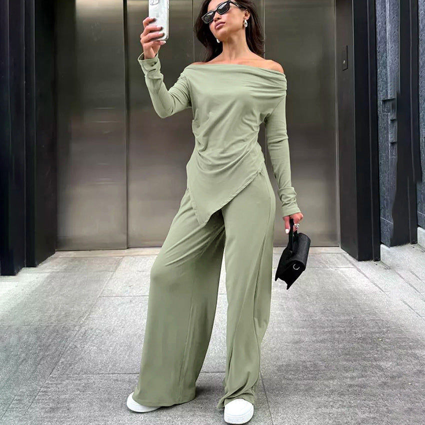 Hochtailliertes Off-Neck Irreguläres Slim-Fit Top und Hose Set | Ideal für Alle Jahreszeiten
