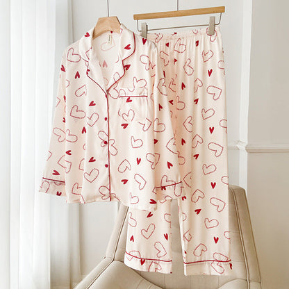 Gedrucktes Ice-Silk-Pyjama-Set für Damen mit Langarm-Lapel-Cardigan | Ideal für den Sommer