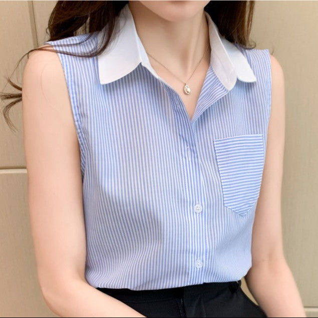 Damen Ärmelloses Gestreiftes Chiffonhemd mit Reverskragen | Ideal für den Sommer