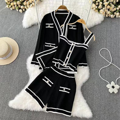 Kontrastfarbe V-Ausschnitt Strickjacke Drei-Teiliges Set | Ideal für Frühling