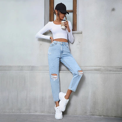 Hochtaillierte Lockere Gerade Geschnittene Ripped Denim Jeans | Ideal für Alle Jahreszeiten