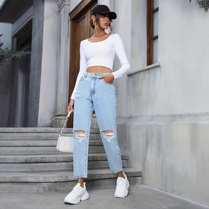 Hochtaillierte Lockere Gerade Geschnittene Ripped Denim Jeans | Ideal für Alle Jahreszeiten