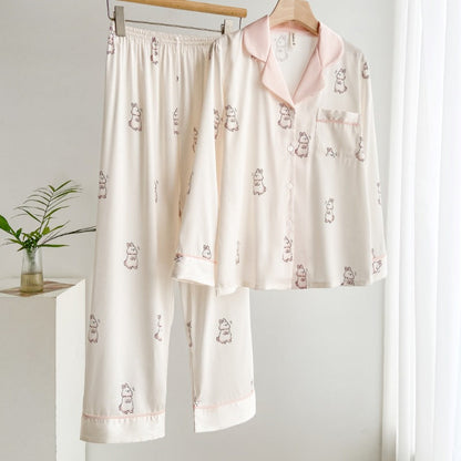 Gedrucktes Ice-Silk-Pyjama-Set für Damen mit Langarm-Lapel-Cardigan | Ideal für den Sommer