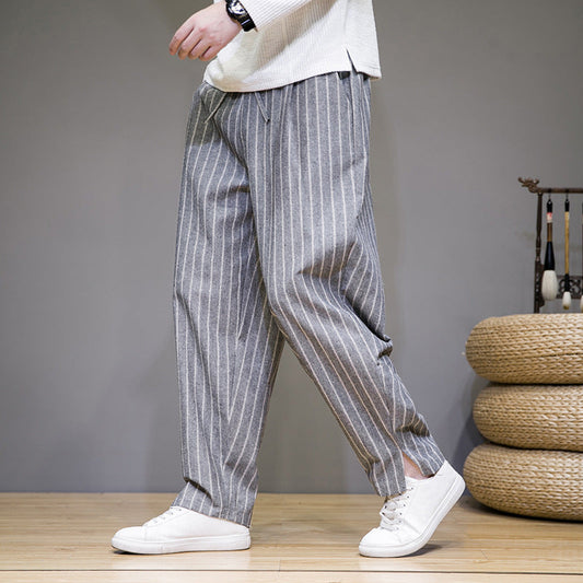 Herren Gestreifte Baumwoll-Leinen-Hose mit Kordelzug | Ideal für Frühling und Herbst