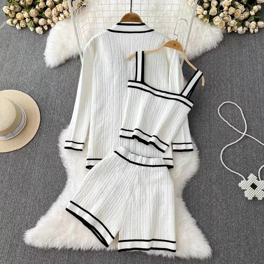 Kontrastfarbe V-Ausschnitt Strickjacke Drei-Teiliges Set | Ideal für Frühling