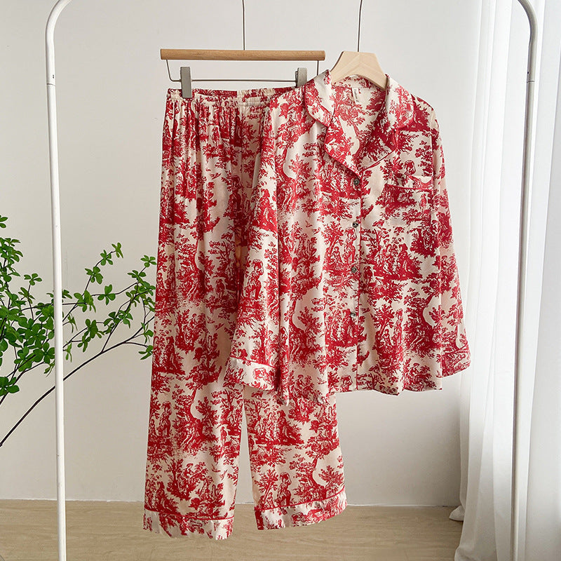 Gedrucktes Ice-Silk-Pyjama-Set für Damen mit Langarm-Lapel-Cardigan | Ideal für den Sommer