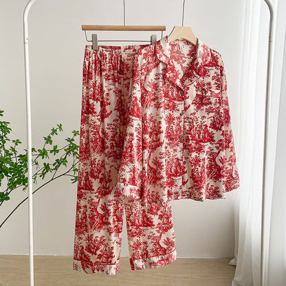 Gedrucktes Ice-Silk-Pyjama-Set für Damen mit Langarm-Lapel-Cardigan | Ideal für den Sommer