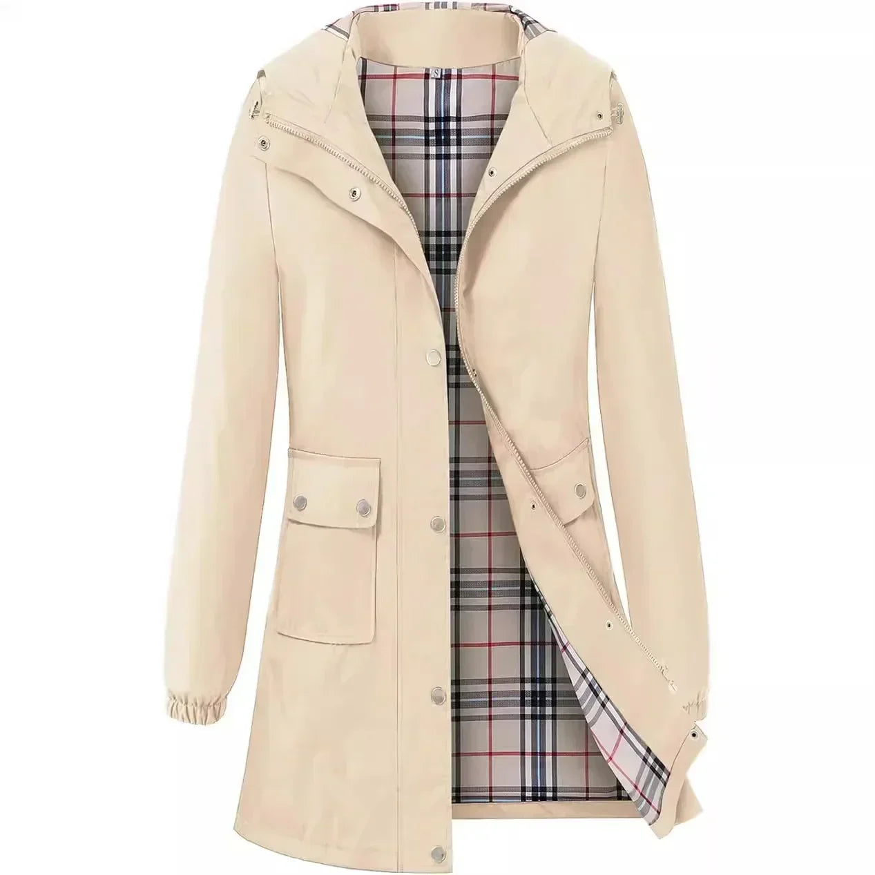 Wasserabweisender Trenchcoat mit Kapuze und Karofutter | Ideal für Frühling und Herbst