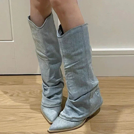 Kniehohe Denim-Stiefel mit isolierter Innenausstattung und rutschfester Sohle | Ideal für Winter