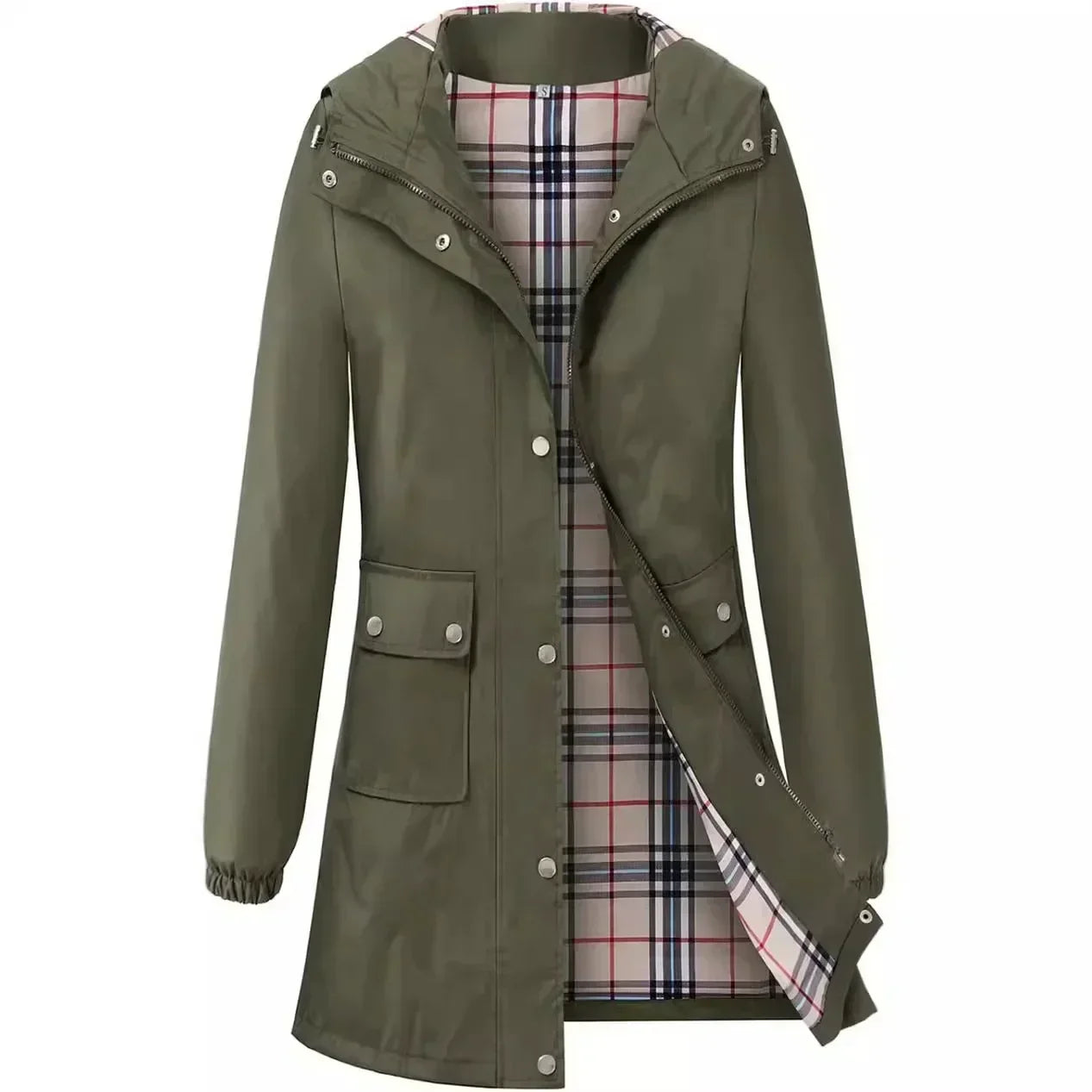 Wasserabweisender Trenchcoat mit Kapuze und Karofutter | Ideal für Frühling und Herbst
