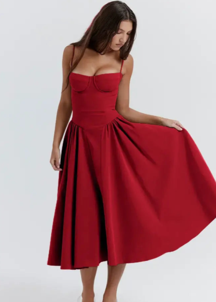 Schulterfreies Midikleid mit fließendem Stoff | Perfekt für Frühling und Sommer