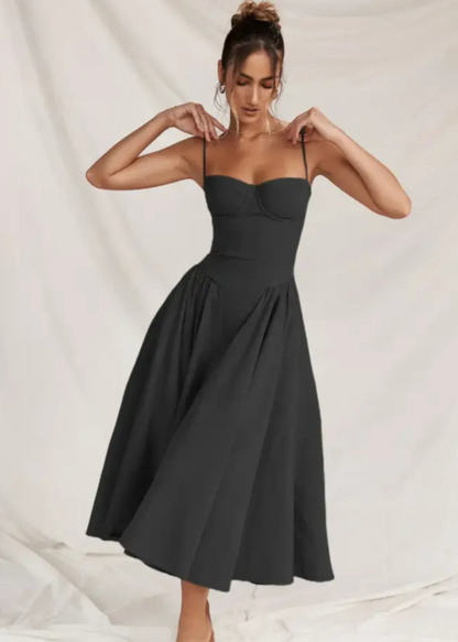 Schulterfreies Midikleid mit fließendem Stoff | Perfekt für Frühling und Sommer
