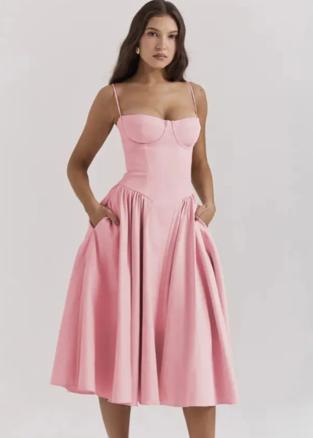 Schulterfreies Midikleid mit fließendem Stoff | Perfekt für Frühling und Sommer