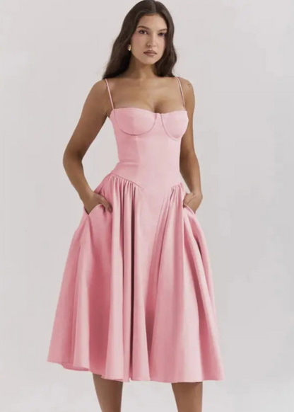 Schulterfreies Midikleid mit fließendem Stoff | Perfekt für Frühling und Sommer