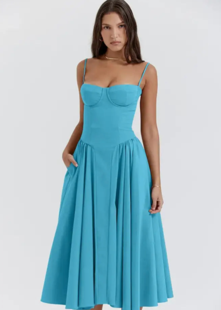 Schulterfreies Midikleid mit fließendem Stoff | Perfekt für Frühling und Sommer