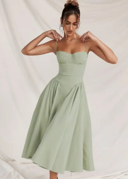 Schulterfreies Midikleid mit fließendem Stoff | Perfekt für Frühling und Sommer
